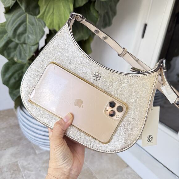 Tory Burch 159158 Emerson Metallic White Gold Refined Leather Shoulder Handbag - Picture 14 of 16